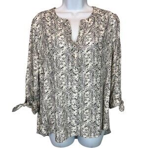 Jane and Delancy Rayon Tunic Top  Women's L  Black Floral  3/4-Sleeve Pull-over